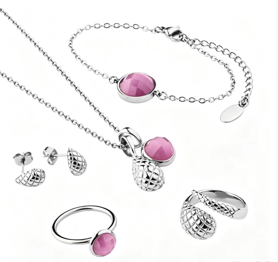 316L Stainless Steel Pink Cat Eye Jewelry Set - Image 2
