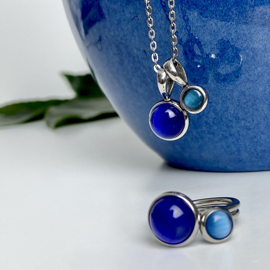 316L Stainless Steel Blue Cat Eye Jewelry Set - Image 3
