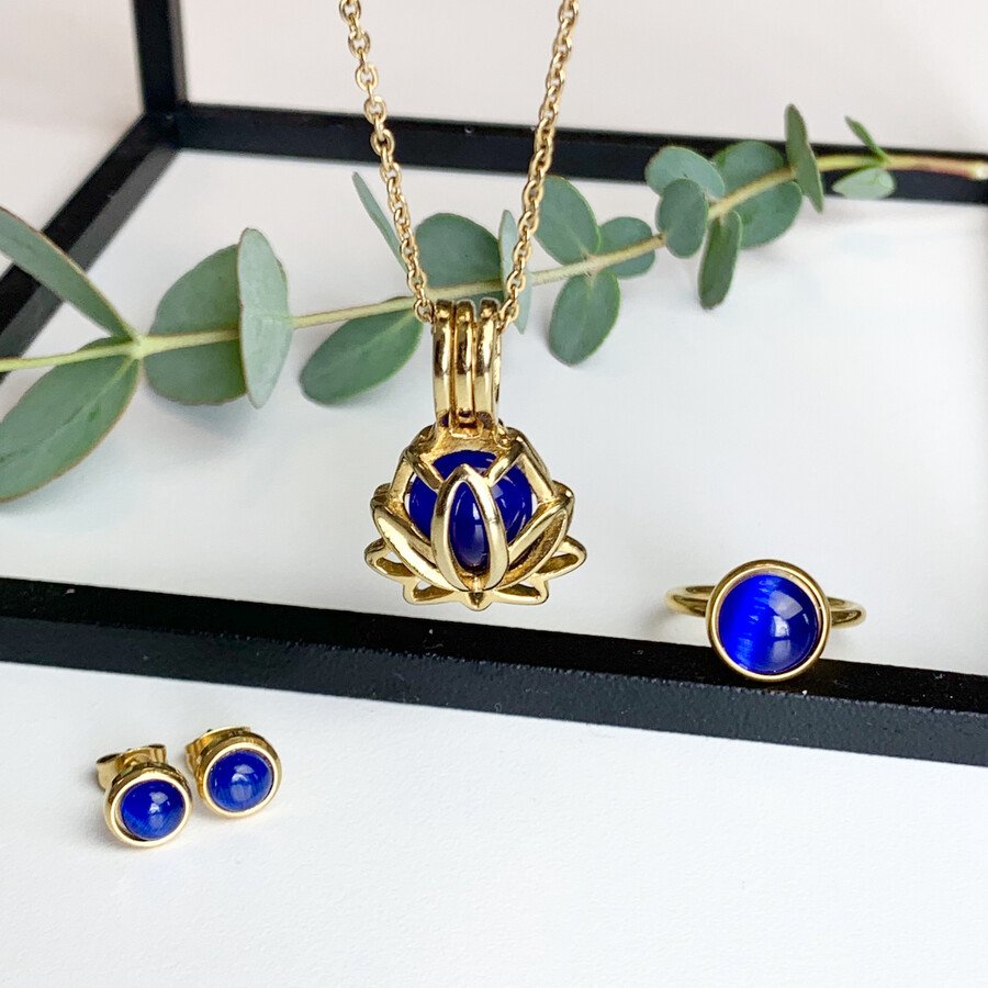 316L Stainless Steel Blue Cat Eye Jewelry Set - Image 2