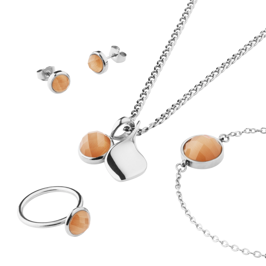 Stainless Steel Orange Faceted Cat Eye Jewelry Set - Image 2