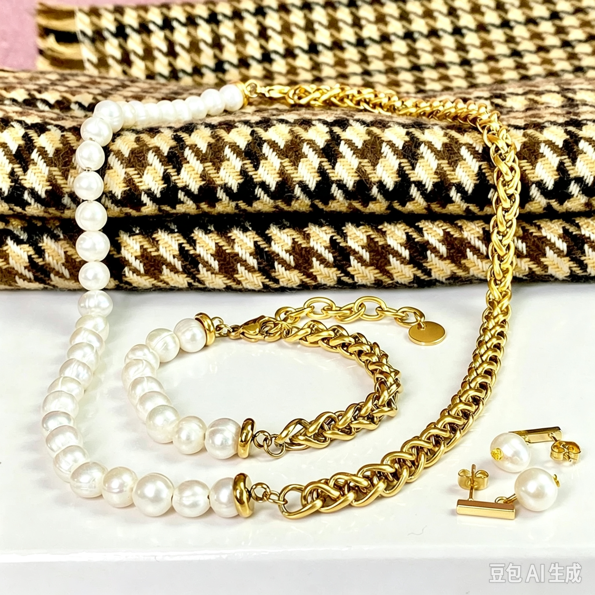 Half Pearl Half Stainless Steel Wheat Braided Chain Collection - Image 4