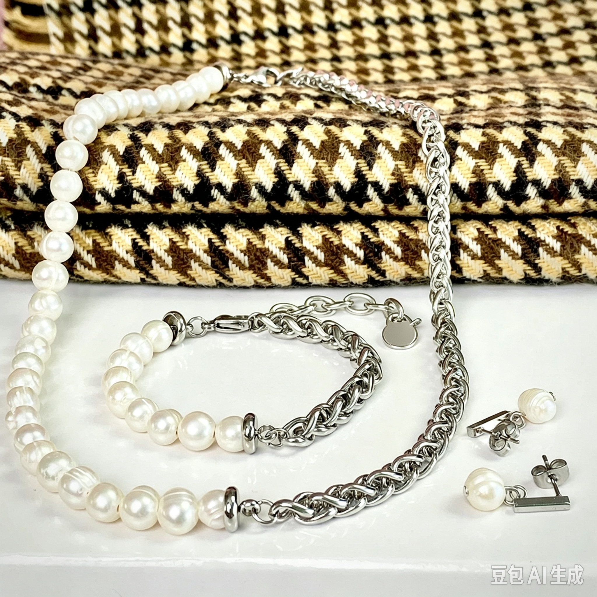 Half Pearl Half Stainless Steel Wheat Braided Chain Collection - Image 3