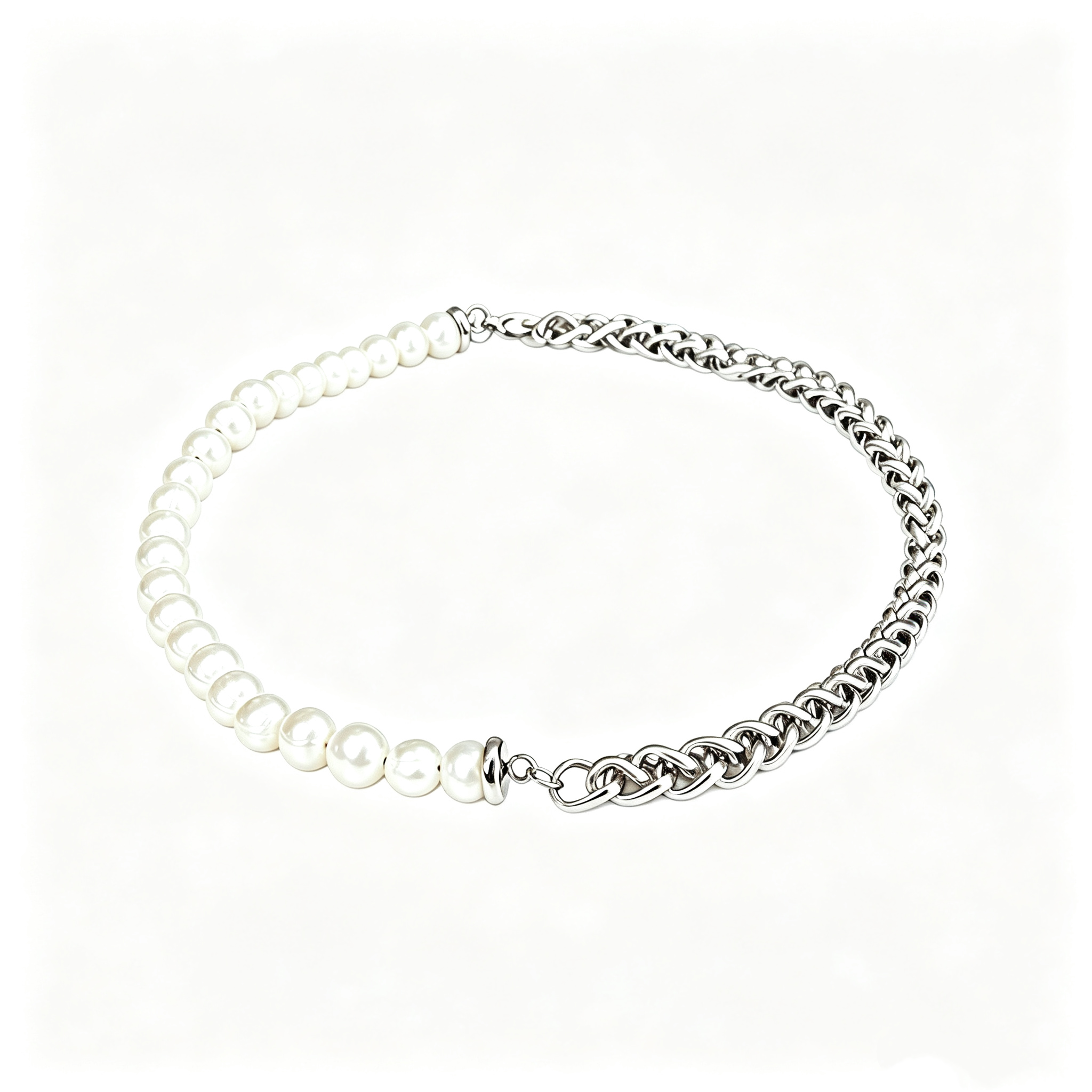 Half Pearl Half Stainless Steel Wheat Braided Chain Collection - Image 2